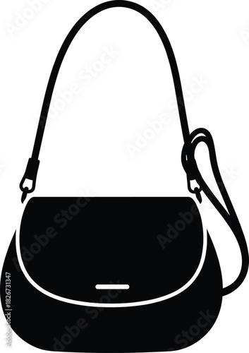 Handbag silhouette—black vector with flap closure, short handle, and long shoulder strap