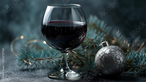 A glass of red wine is on a table next to a Christmas ornament