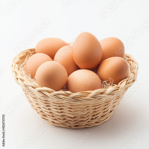 Wallpaper Mural Basket of Fresh Eggs: A rustic woven basket cradles a collection of fresh, brown eggs, symbolizing the simple joys of a wholesome breakfast or culinary creation.  Torontodigital.ca