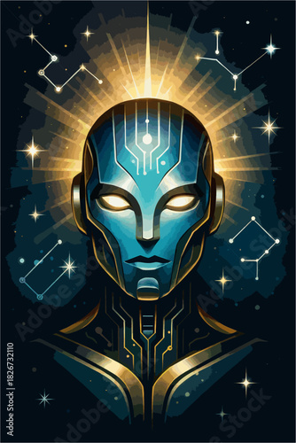 Enlightened Cyber Humanoid with Radiant Starburst and Constellation Motifs in Futuristic Cosmic Composition