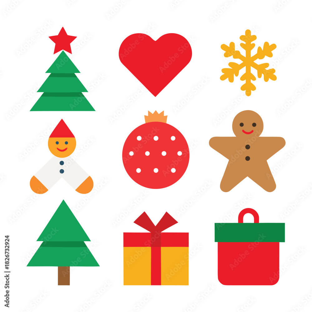 Obraz premium Christmas Holiday Doodle Icon Vector Set Tree, Wreath, Gingerbread Man, Gift, and Ornament Collection