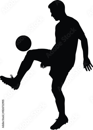 Soccer juggling silhouette—black vector of player balancing ball with raised foot and cleats