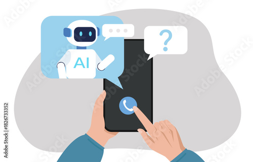 A person using a smartphone to contact an AI chatbot for assistance. Virtual robot assistant online. Digital technologies. Vector illustration.