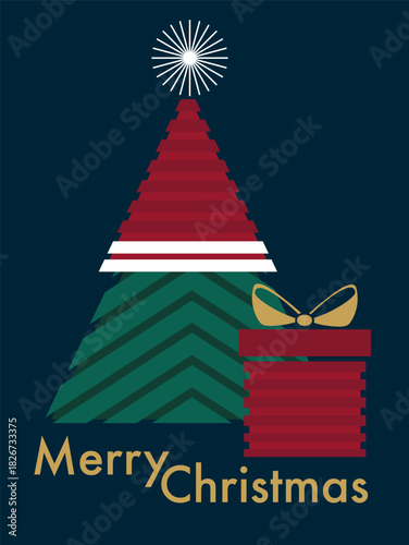Vector Christmas greeting card with a green tree wearing a Santa hat, red gift box, dark festive background and place for text