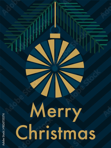 Vector Christmas card with pine branch and striped round ornament on dark abstract background, festive greeting and space for text