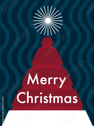 Vector Christmas greeting card with red triangular Santa hat on dark wavy blue background, festive message and space for text