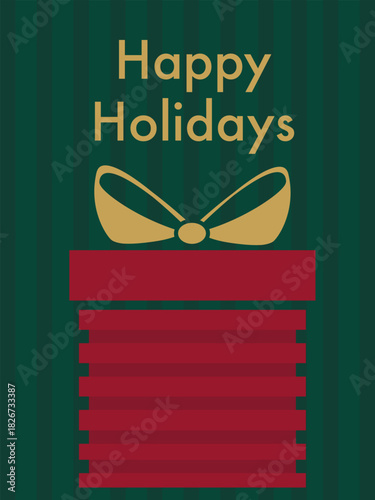 Vector Christmas postcard with red square gift and elegant bow on green striped abstract background with festive message and space for text 