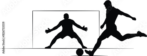 Soccer silhouette illustration—striker kicking ball toward goal with goalkeeper defendingSoccer silhouette illustration—striker kicking ball toward goal with goalkeeper defending