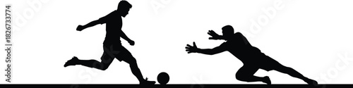 Soccer duel silhouette—black vector of striker kicking and goalkeeper diving to block ball