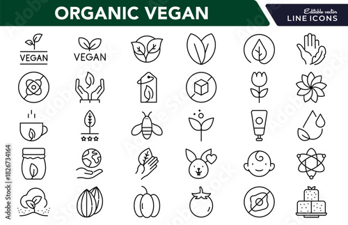 Organic Vegan Line Icon Set. Organic food, natural farming, vegan, bio product, sustainable, allergen free, cosmetic, healthy lifestyle, agriculture icons vector illustration. Pixel-perfect stroke
