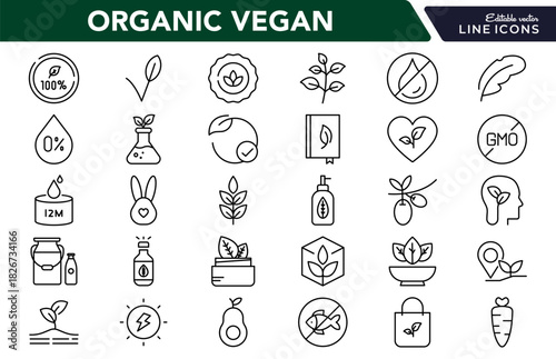 Organic Vegan Line Icon Set. Organic food, natural farming, vegan, bio product, sustainable, allergen free, cosmetic, healthy lifestyle, agriculture icons vector illustration. Pixel-perfect stroke