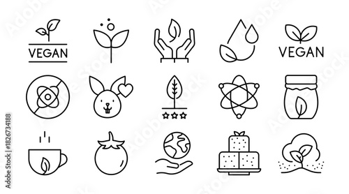 Organic Vegan Line Icon Set. Organic food, natural farming, vegan, bio product, sustainable, allergen free, cosmetic, healthy lifestyle, agriculture icons vector illustration. Pixel-perfect stroke