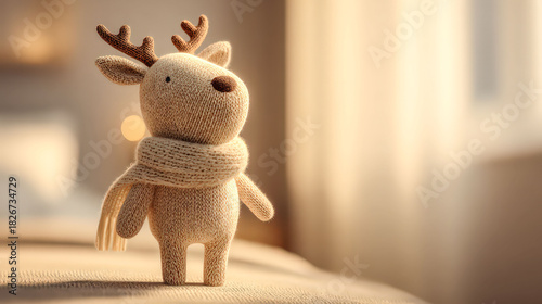 A stuffed animal deer with antlers and a scarf around its neck. The image has a cozy and warm feeling, as if the deer is a comforting companion