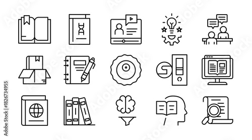 Knowledge line icon set. Education, learning, books, study, school, AI, cognition, brain, library, teaching, idea, training, knowledge sharing, academic icons vector illustration. Pixel-perfect stroke