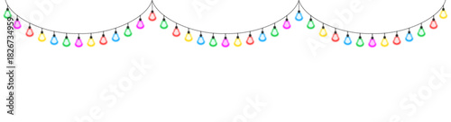 Festive garland with multicolored lights hanging from the ceiling. PNG file on a transparent background. Vector illustration.