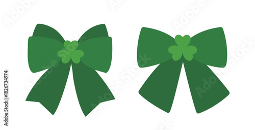 Set of St. Patrick's Day Green clover Bow flat vector illustration.
Green Bow with Shamrock Decoration. 
White background.