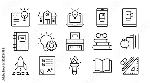 Knowledge line icon set. Education, learning, books, study, school, AI, cognition, brain, library, teaching, idea, training, knowledge sharing, academic icons vector illustration. Pixel-perfect stroke