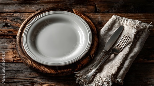 Top-down view of pristine white ceramic plate on rustic dark oak with silver fork and beige linen napkin under soft natural window lighting.