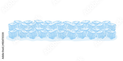 Ice cubes. Simple Vector illustration isolated on white background.	Cartoon-style ice cubes featuring transparent blue frozen water in various arrangements