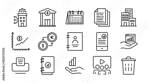 Office and Business Line Icon Set. Workplace, meeting, team, office desk, work, communication, document, presentation, finance, management, productivity icons vector illustration. Pixel-perfect stroke