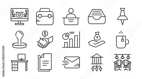 Office and Business Line Icon Set. Workplace, meeting, team, office desk, work, communication, document, presentation, finance, management, productivity icons vector illustration. Pixel-perfect stroke