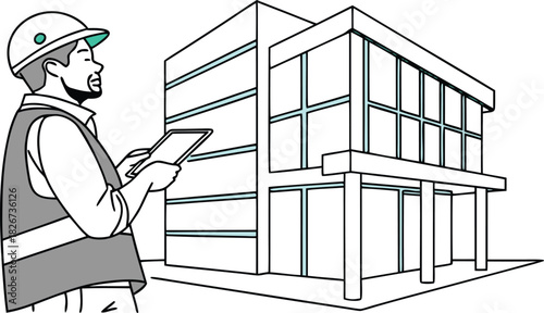 Skilled contractor inspecting modern building design plans, ensuring quality and safety on site, a professional at work with innovative architecture