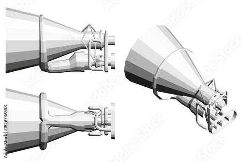 Polygonal rocket engine set rendered as a 3D model with clearly visible components. This graphic illustration features a clean white background for versatile use.