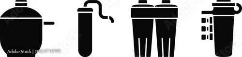 Black and white water filter icons, purification system silhouettes, clean water equipment symbols, modern filtration illustration set for industrial and household use