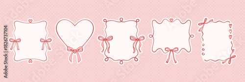 Pink bow frame set in delicate line art style. Vector collection of elegant ribbons and borders. Whimsical and romantic coquette decoration for Valentine cards, posters, menus, or birthday invites