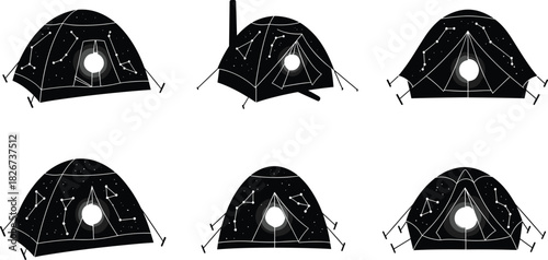 Camping tent vector set, black silhouette night sky shelter, celestial constellation pattern, outdoor adventure travel icon collection, astronomy, magic.