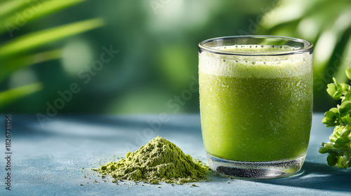 A glass of green juice with a green powder on the table. The juice is full and the powder is sprinkled on top