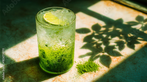 A glass of green drink with a lime slice in it. The drink is served on a table with a pile of green powder on it