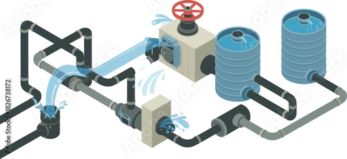 Isometric water pipeline system illustration with storage tanks, valves, connectors, industrial plumbing layout and fluid distribution infrastructure for engineering projects