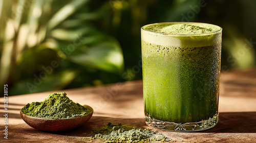 A glass of green juice with a spoon of green powder next to it. The glass is half full and the powder is on the table