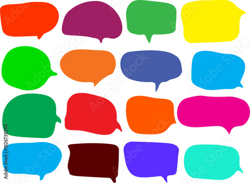 Chat bubbles in various colors including red, blue, purple, yellow