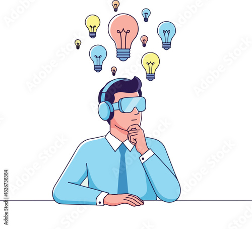 Illustration of a man wearing headphones and glasses with lightbulbs floating above his head in a business setting.
