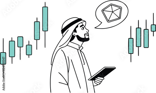 Visionary Arab businessman analyzes stock market trends, planning investments for future success with modern technology, vector design style