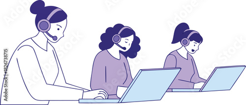 Three focused customer service representatives wearing headsets working on laptops, providing expert support and assistance to valued clients online