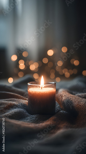 Warm candle glow at bottom fading upward into soft neutral winter poster space 