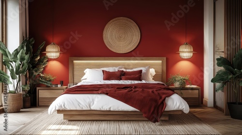 A bright and stylish modern bedroom with a queen bed, deep red walls, and natural wooden details for a cozy yet bold look.
