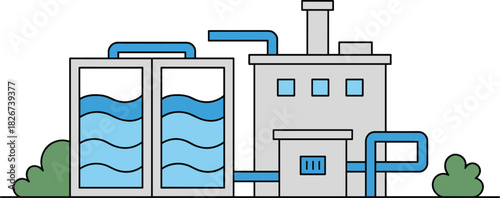Modern water treatment plant illustration with storage tanks, pipelines, filtration system, industrial facility, clean water processing, environmental engineering design