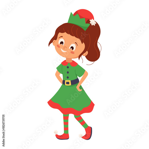 Cute cartoon elf girl in bright green holiday costume, smiling and posing playfully. Fun cartoon character for kids project, Christmas card, banner, party invitation Festive flat vector design element