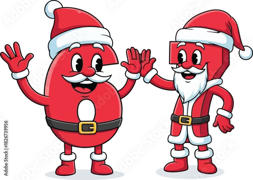 Cartoon figures dressed as santa claus giving a high five on a white background holiday theme