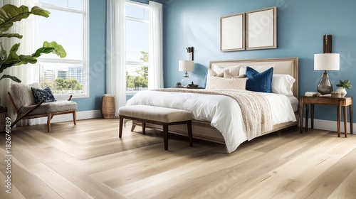 A bright modern bedroom featuring a queen bed, sky blue walls, and smooth wooden flooring, creating a fresh and cozy atmosphere.