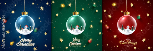 Christmas ornaments with snowy scenes and glowing festive winter trees. Merry Christmas wish snowy background. Snowdrifts. Snowfall Cold weather. Winter season with 3D cheerful snowman.