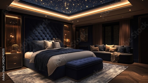 A celestial-inspired master suite featuring a king-sized bed with a plush midnight-blue headboard, gold constellation lighting, and a cozy velvet seating area beneath a skylight.