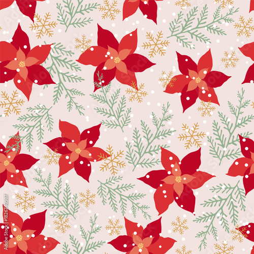 Vector Christmas seamless pattern design with hand-drawn red poinsettia flowers and fir branches.	