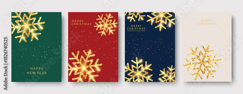 Luxurious brochure covers, Merry Christmas and Happy New Year! Golden snowflakes, cards, greetings, posters, a set of holiday vector illustrations.
