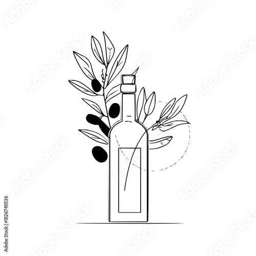 Outline drawing of olive oil bottle with olive branch