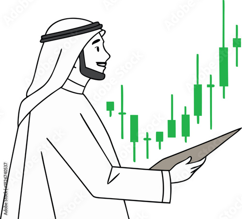 Arab investor analyzing stock market trends with upward-moving green charts, signifying growth and opportunity in finance investments